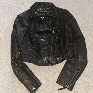 Genuine leather cropped moto jacket